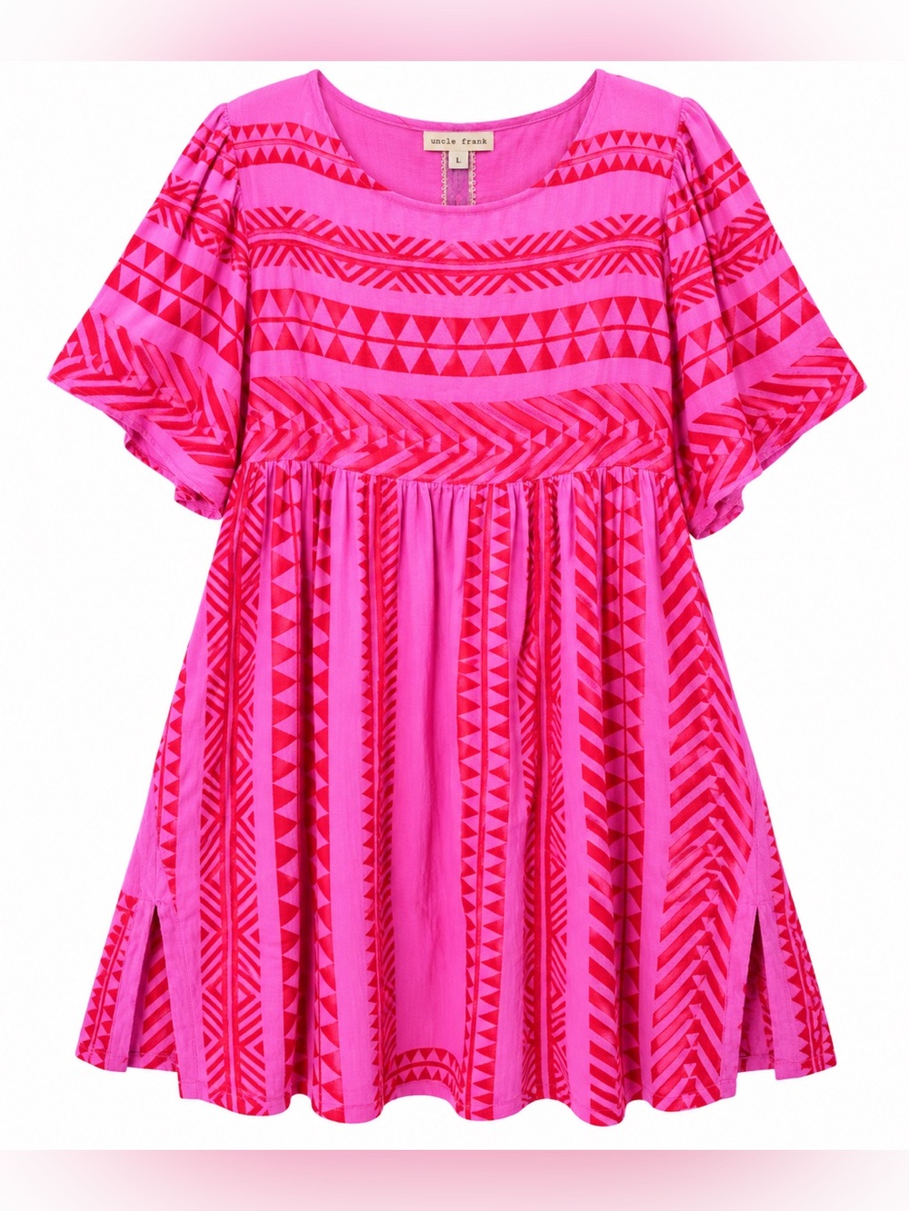 Uncle Frank Cotton Embroidered Babydoll Dress L Pink Aztec Geometric Boho